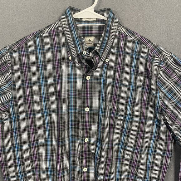 Peter Millar Button Down Men Shirt M Plaid Long Sleeve Purple Blue Cotton Preppy - Picture 2 of 14